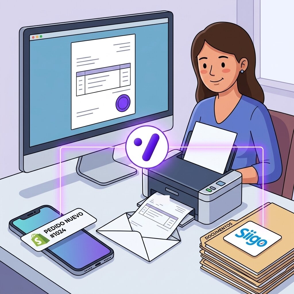 Factura saliendo de una impresora a partir de un pedido nuevo de Shopify, con una carpeta de Siigo